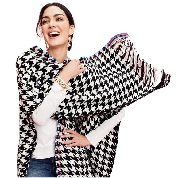 Chico's Houndstooth Ruana Wrap Shall Poncho Knit Sweater Rainbow Tassels Cozy - Picture 8 of 8
